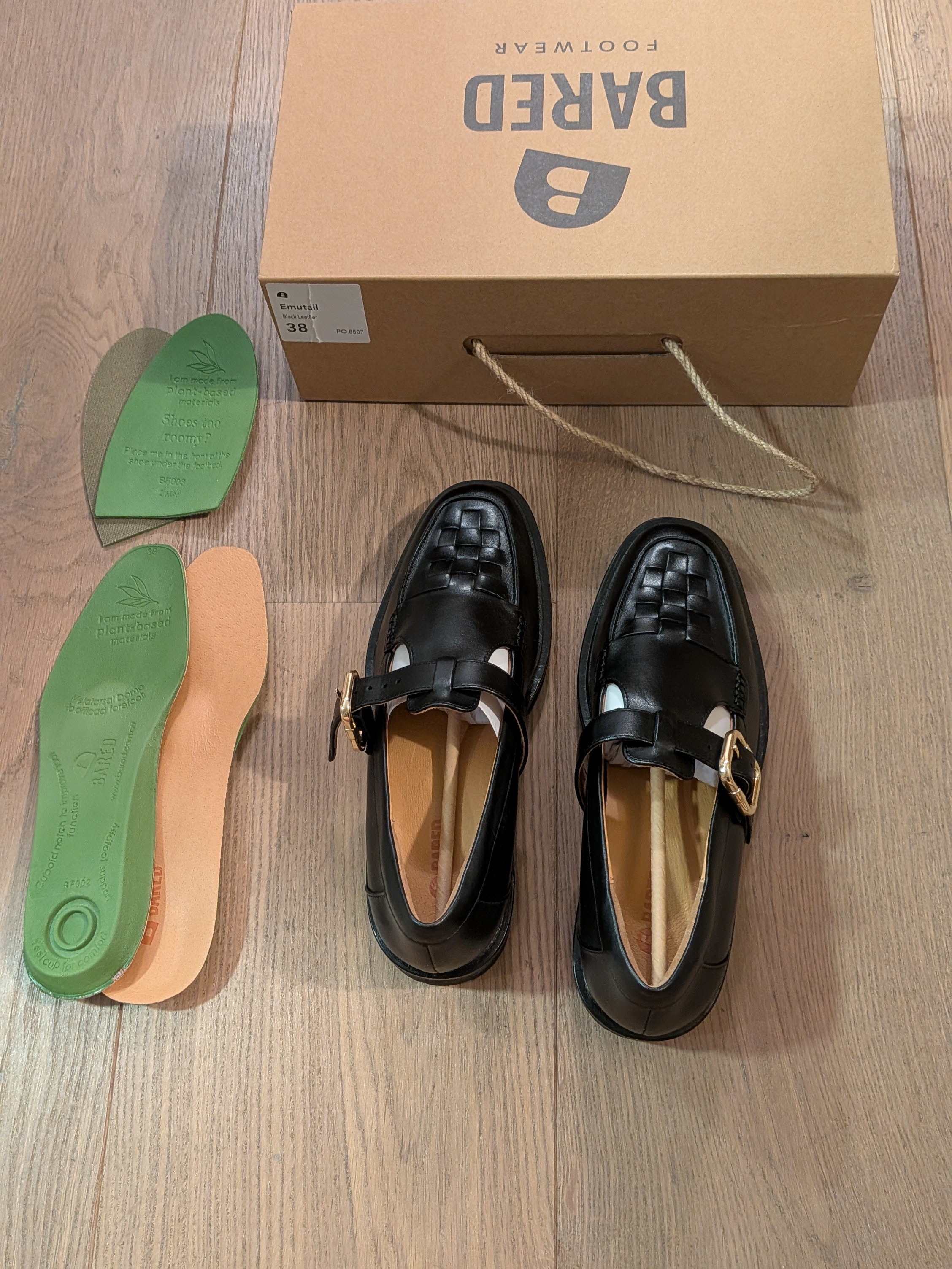 Brand New Bared Emutail Black Leather Woven Strap Loafers With Gold Buckle — image 3 of 4